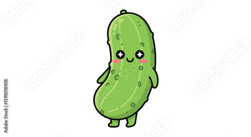 A cute cartoon pickle character dancing happily with sparkly eyes and blushing cheeks a fun vegetable illustration