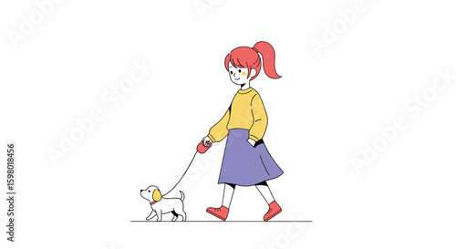 A young girl with red hair walks her small white and brown puppy on a leash enjoying a pleasant outdoor stroll together