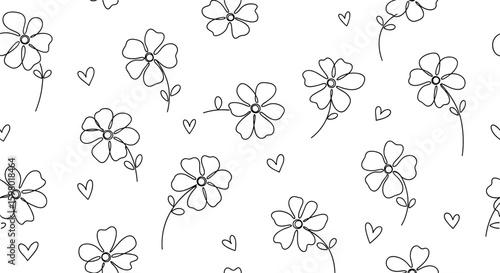 Charming hand drawn dainty floral pattern with tiny hearts and delicate stems