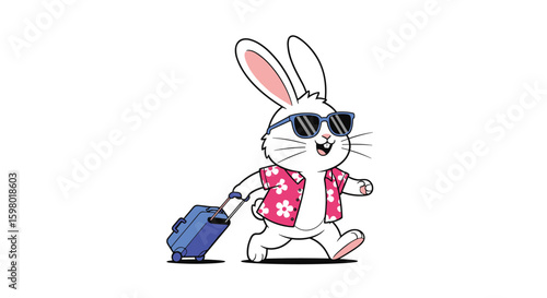 Happy bunny in sunglasses and aloha shirt pulls suitcase on vacation adventure