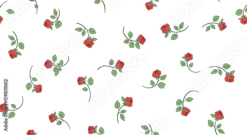 Charming small red roses scattered across a clean white background elegant floral design for fabric and paper crafts