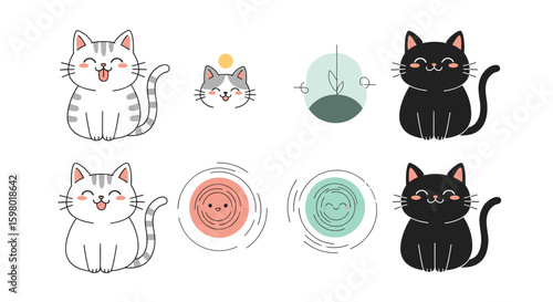 Cute kawaii cats and abstract shapes adorable feline friends playful companions delightful pet illustrations