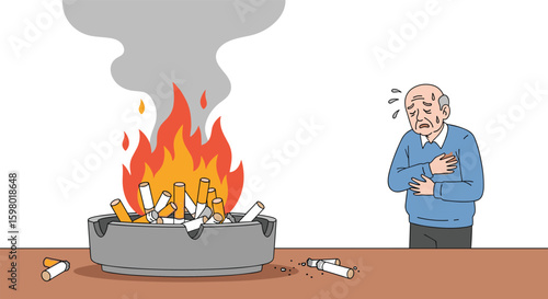 Elderly man looks worriedly at a large ashtray filled with burning cigarette butts emitting thick smoke