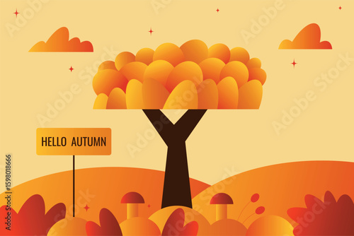 Hello, autumn! Abstract modern autumn landscape. Autumn background with tree, clouds, grass and mushrooms. Vector illustration for wallpapers, advertising, web backgrounds, banners with autumn theme.