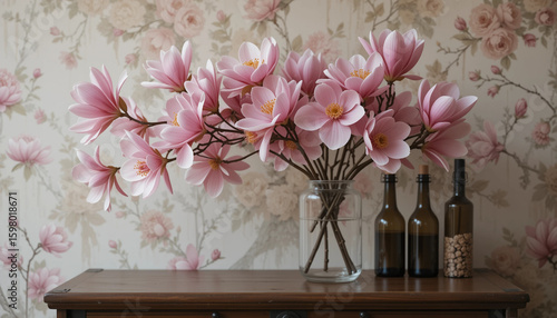 Elegant arrangement of magnolia flowers in a vase on a wooden table against floral wallpaper