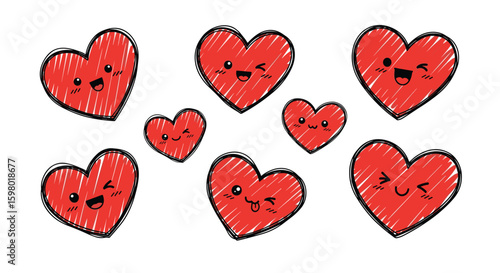 Adorable cartoon hearts with happy and winking expressions for romantic celebrations and decor