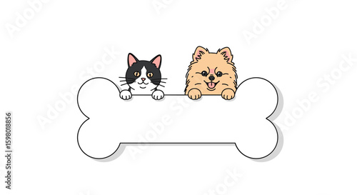 Cute cartoon kitty and fluffy pomeranian puppy peeking over a bone shaped banner for pet related content
