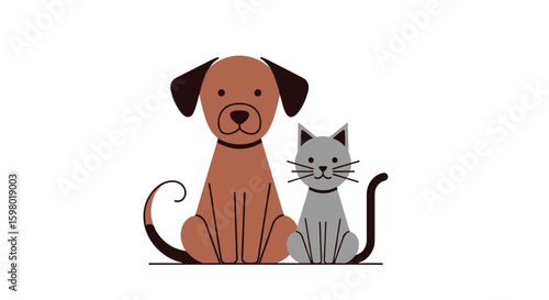 Adorable companionship between a happy brown dog and a cute gray cat sitting together as best friends