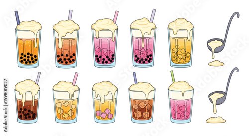 Illustrations of various frothy sweet drinks with tapioca pearls and ladles pouring creamy topping