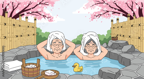 Two women enjoying a relaxing onsen bath under cherry blossoms with a rubber duck toy