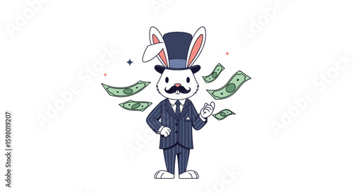 A dapper bunny in a suit tosses money with flair a whimsical financial illustration