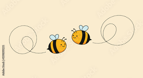 Two adorable cartoon bees flying in a gentle breeze with joyful expressions