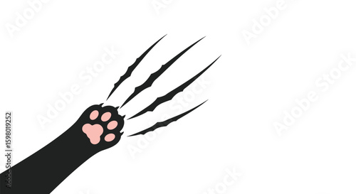 A black cat paw with sharp claws extended scratching a surface leaving claw marks behind a white background