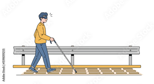 Visually impaired person navigating public space with tactile paving and white cane guidance