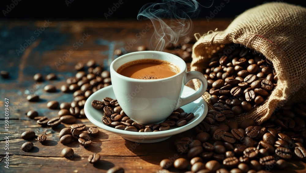 Obraz premium Fresh coffee in a cup surrounded by coffee beans and a burlap sack on a wooden table.