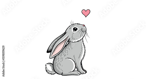 Adorable grey bunny rabbit with pink heart floating above its head cute animal illustration