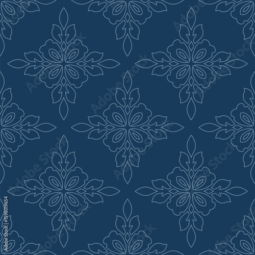 Delicate linear floral ornament. Simple seamless pattern with abstract outline flower silhouettes, foliage. Luxury dark blue vector background in damask, oriental style. Subtle repeat exquisite design