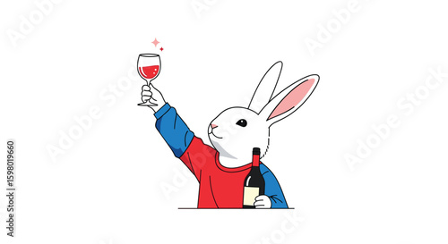 Charming rabbit enjoying a glass of red wine in a stylish red and blue jacket