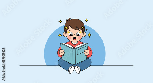Young student enthusiastically reading an informative book with bright stars appearing above his head