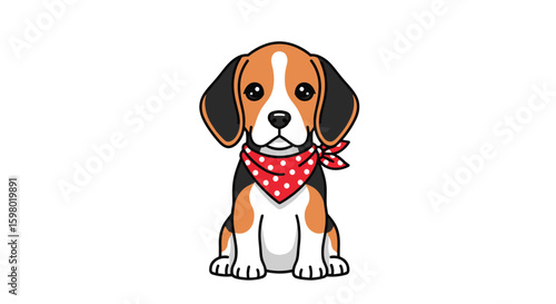 Cute beagle puppy wearing a red polka dot bandana sitting and looking forward