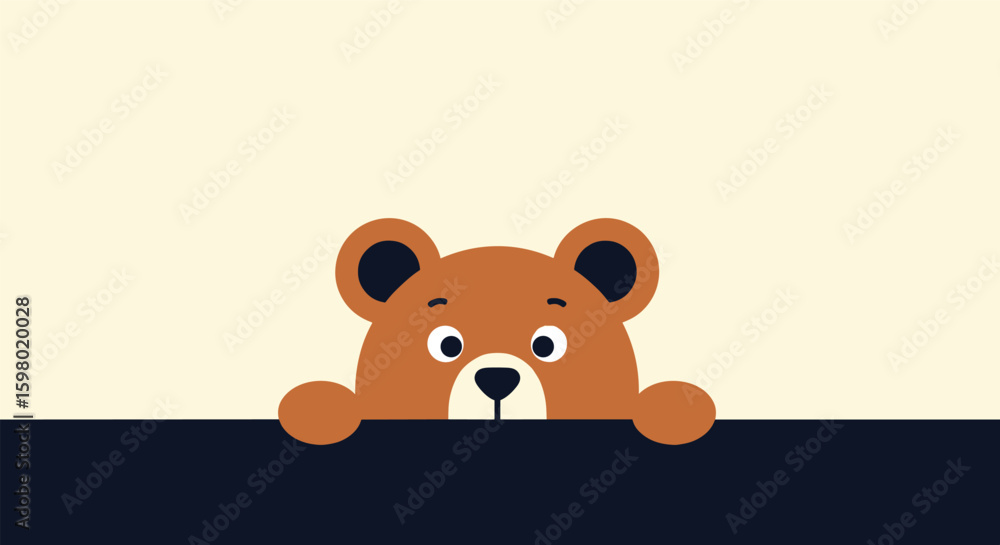 Fototapeta premium Cute brown bear peeking over a dark blue surface with a cream background overhead