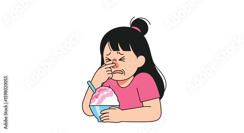 Girl making a disgusted face while eating a pink dessert holding a spoon