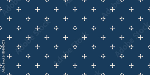Simple abstract seamless pattern in gothic style. Blue and beige vector texture with small flower silhouettes, crosses. Minimal floral geometric background.  Repeated design for decor, textile