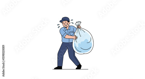 Man struggling to carry a large heavy water bag with effort and strain on his face showing physical exertion