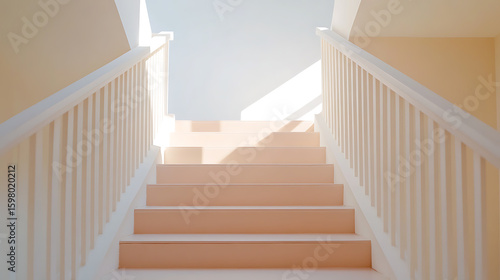 Illuminated staircase leading to a bright upper floor  inviting ascent. Light and airy architectural detail creates a serene visual.