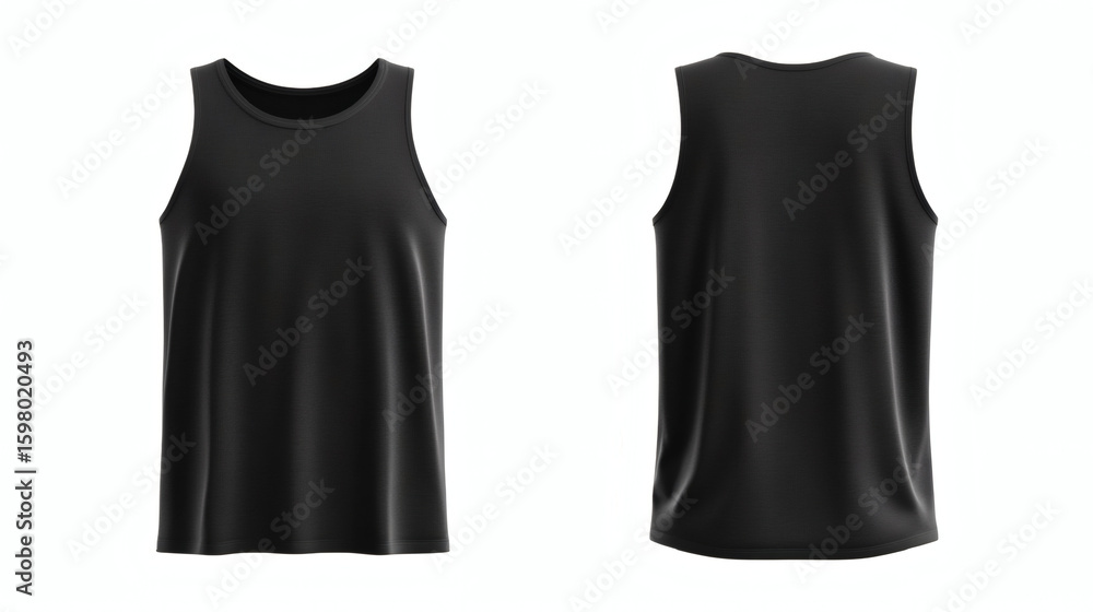  Plain black tank top 3D mockup showcasing front and back views for apparel design presentation on white background
