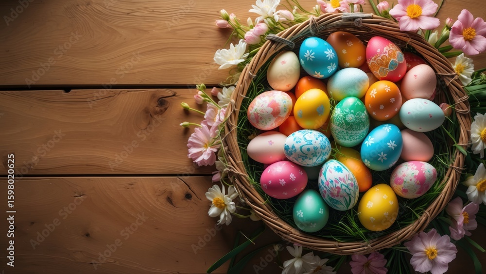 Fototapeta premium Colorful Easter eggs in a basket with flowers, on a wooden surface.