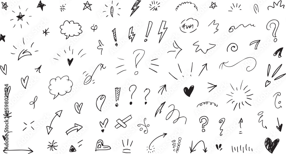 Fototapeta premium Collection of handdrawn doodle elements including stars, hearts, arrows, question marks, and exclamation points isolated on white background