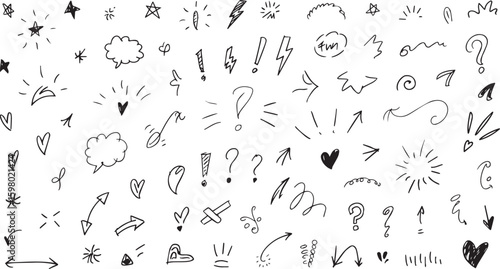 Collection of handdrawn doodle elements including stars, hearts, arrows, question marks, and exclamation points isolated on white background