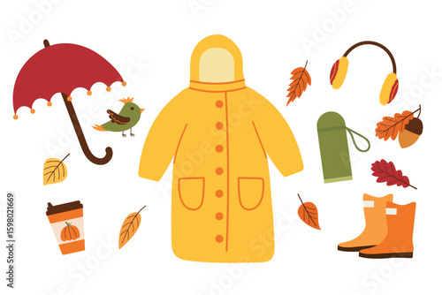 Autumn boots and accessories. Raincoat, umbrella and hat. Bright clothes for rainy season