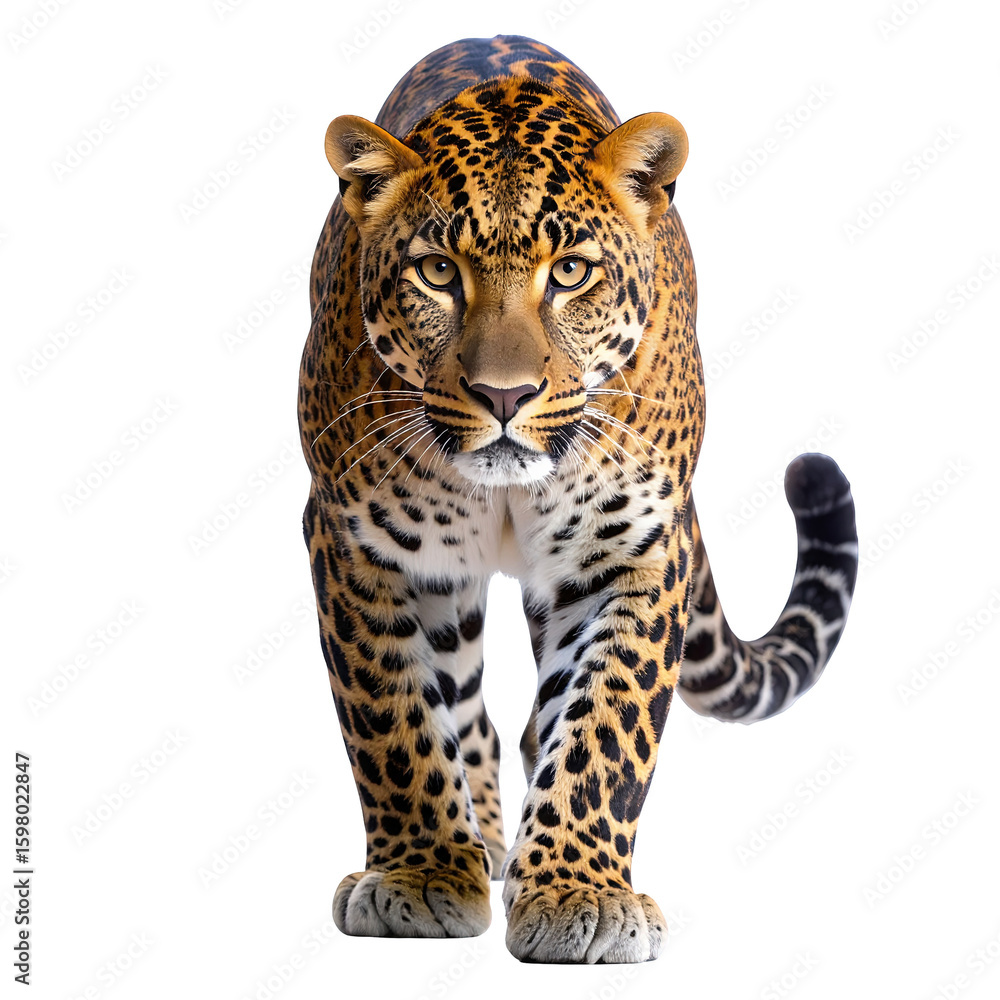 Fototapeta premium Leopard walking forward looking at camera isolated on transparent background
