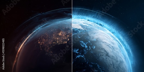 Digital graphic of ozone layer depleting and recovering over time, split screen concept, global warming theme