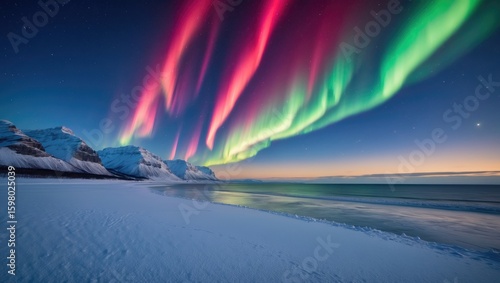 Wallpaper Mural Aurora Borealis over snow-covered landscape at night with mountains and starry sky. Natural phenomenon, Arctic scenery, and winter landscape. Torontodigital.ca