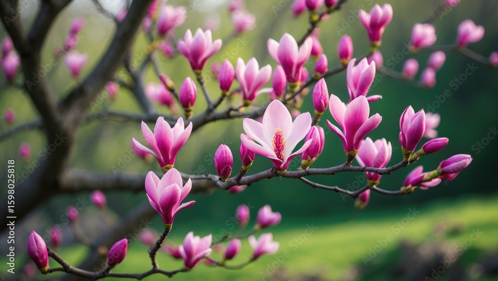 Fototapeta premium Magnolia branch with pink blossoms in bloom during springtime, showcasing vibrant flowers on a tree.