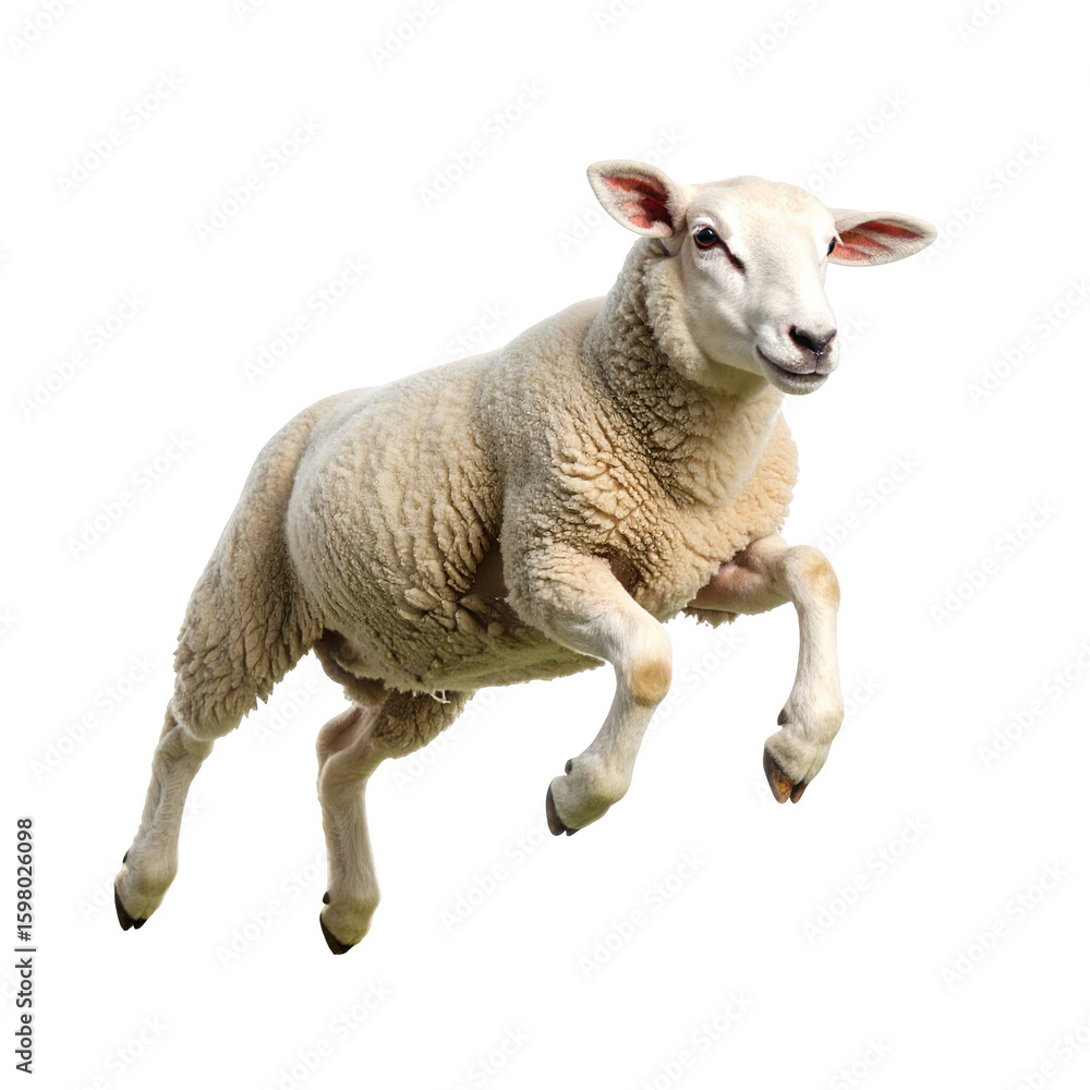 Fototapeta premium A fluffy white sheep jumping with joy isolated on transparent background