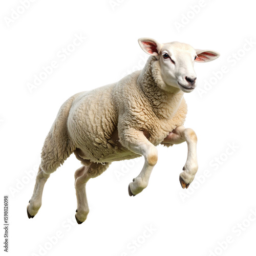 A fluffy white sheep jumping with joy isolated on transparent background