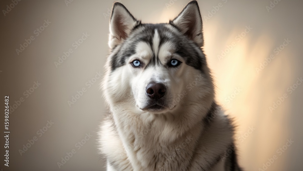 Fototapeta premium Husky dog with blue eyes and fluffy fur looking at the camera on a neutral background.