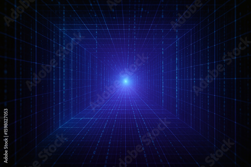 Quantum Tech Tunnel Background with 3D Digital Grid and Matrix Code, Futuristic Sci-Fi Data Flow for AI and Computing Concepts