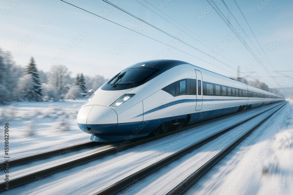 Fototapeta premium Futuristic high-speed train traveling through snowy landscape with motion blur, emphasizing speed and modern transport concept in winter light. Ai generative
