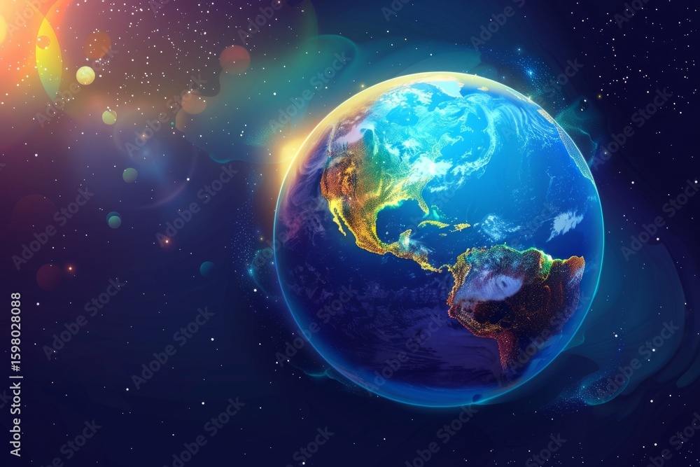 Obraz premium Ozone layer illustration with atmosphere layers labeled, UV protection concept, glowing Earth from space, educational vector design