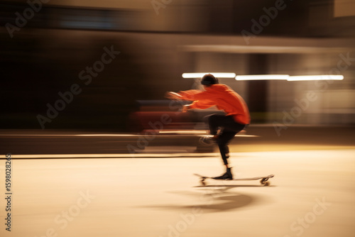 Side view of male skater balancing on one leg while riding longboard on city street at night.