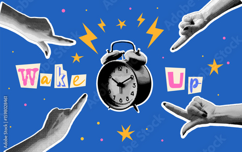 Back to school banner. Wake up poster. Hands and alarm clock in retro halftone style. Trending collage style. Concept for school, college, university, deadline, work.