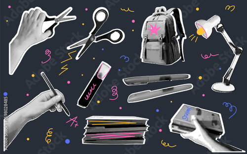 Back to school set. School collage elements in retro halftone style. Trending collage style. Concept for school, college, university and study. Pen, books, scissors, backpack, lamp, notebooks, marker