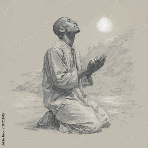 Man kneeling in prayer with hands raised towards the sun, spiritual expression, monochrome illustration, copy space