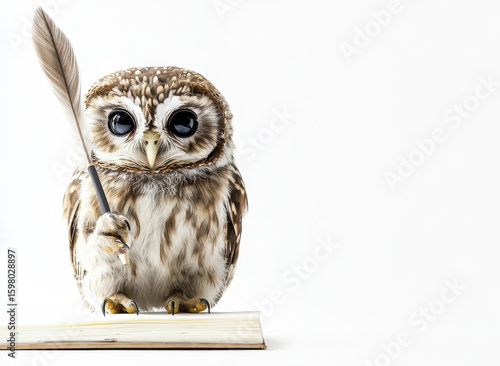 Wallpaper Mural cute owl holding feather quill, perched book, exuding whimsical and charming vibe. This adorable scene captures essence of creativity and Torontodigital.ca