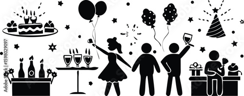 Handprint on black background with a hand-drawn vector illustration of a child's birthday celebration, featuring fun balloons and silhouettes of people filled with love and joy